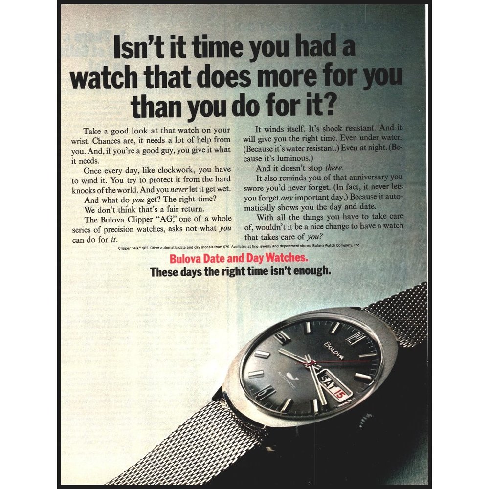 1971 Bulova Clipper AG Automatic Watch Vintage Print Ad Day Date Wall Art Photo